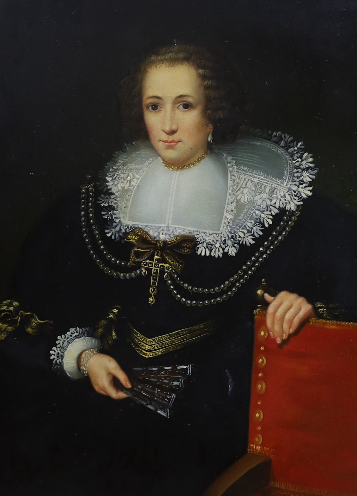 After Peter Paul Rubens (1577 - 1640), oil on board, Self portrait, together with another, portrait of a lady, ornate gilt framed, 39 x 29cm